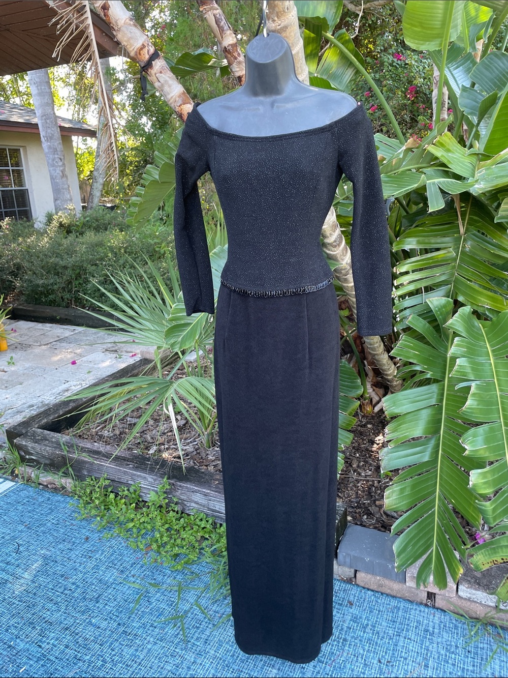 Drop waist beaded off the shoulder, sparkly trumpet gown